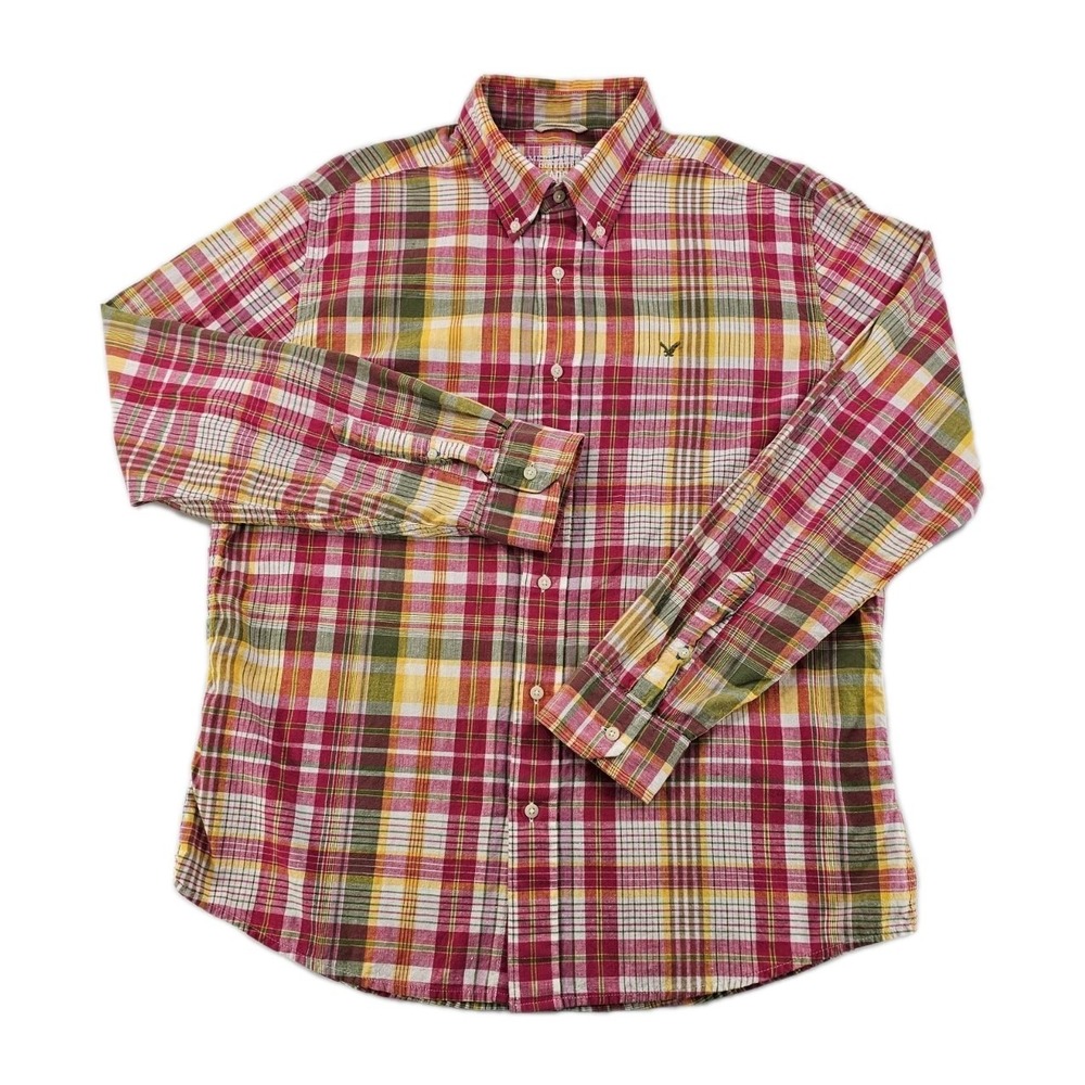 American Eagle Men's Madras Plaid Button Up L Green Red Orange Vintage Fit Shirt